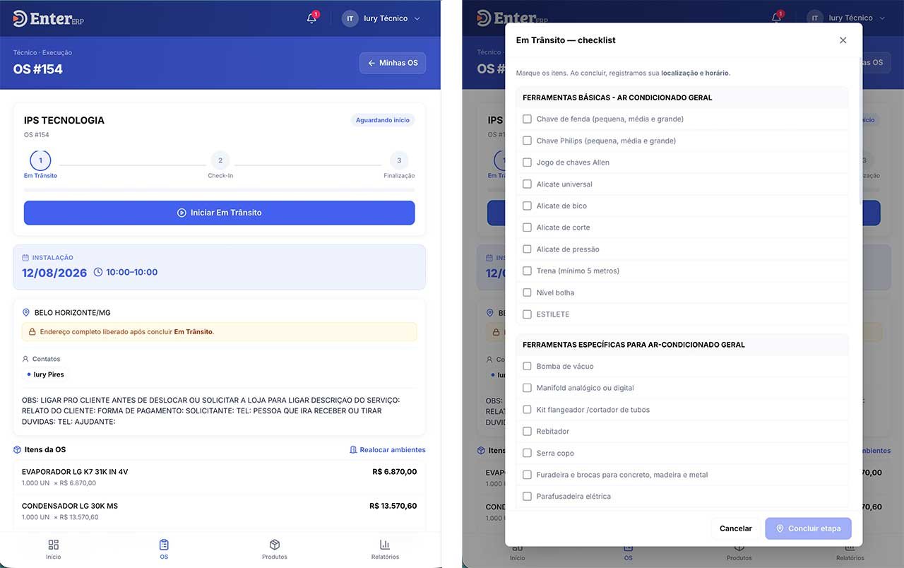 Ordem de serviço aberta no aplicativo do técnico, com as etapas Em Trânsito, Check-In e Finalização, e o checklist de ferramentas da execução.