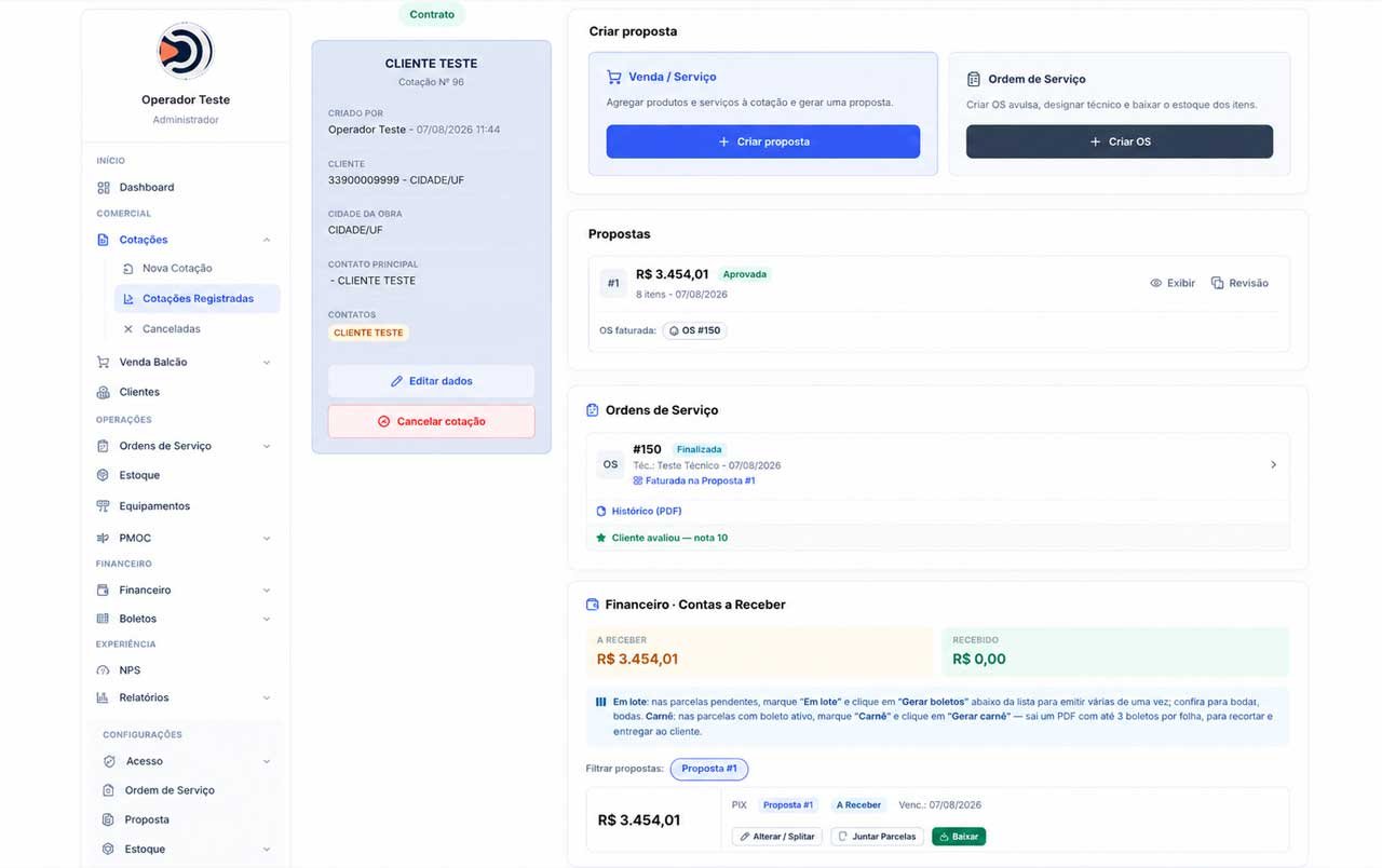 Cotação no Enter Clima com a proposta aprovada, a ordem de serviço gerada a partir dela e o financeiro de contas a receber do mesmo atendimento.